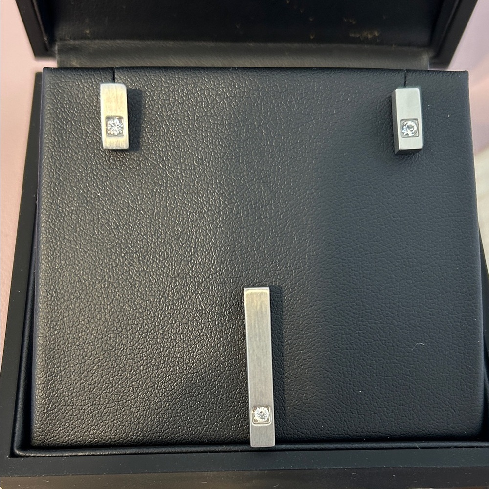 Steelx Stainless Steel Bar Stud Earrings and Pendant Set with Crystal - Silver